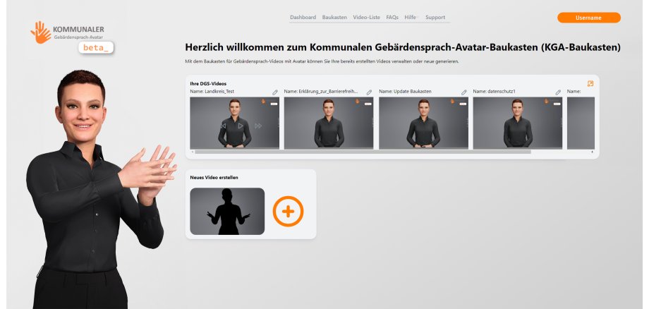 Ansicht des Web-Baukastens für die Erstellung der Gebärdensprache-Videos. Der Avatar ist am linken Bildrand groß dargestellt.