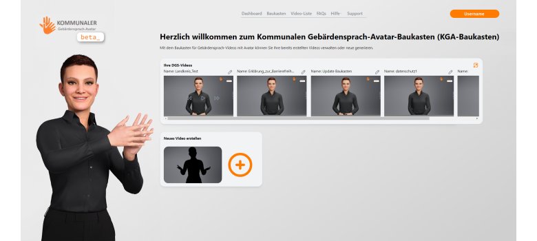 Ansicht des Web-Baukastens für die Erstellung der Gebärdensprache-Videos. Der Avatar ist am linken Bildrand groß dargestellt.