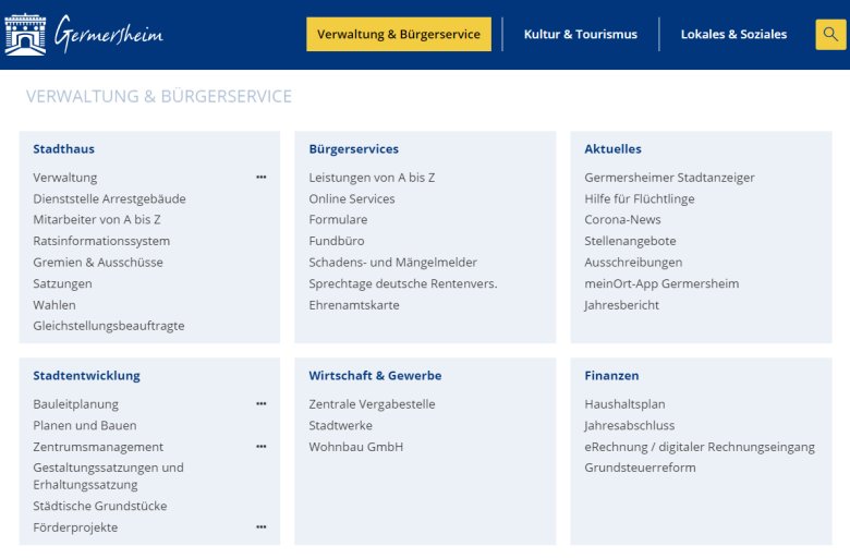 Screenshot komplettes Menü "Verwaltung & Bürgerservice"