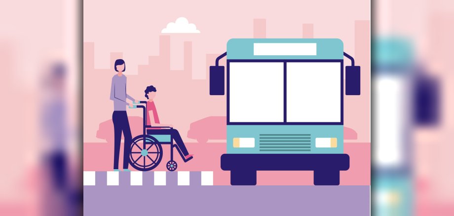 Vektorgrafik - einer Person im Rollstuhl wird beim Zustieg in einen Bus geholfen, die Bushaltestelle ist erhöht so dass ein Einstieg ohne Rampe möglich ist. (Original-Beschreibung: volunteers help city woman carry wheelchair truck street vector illustration)