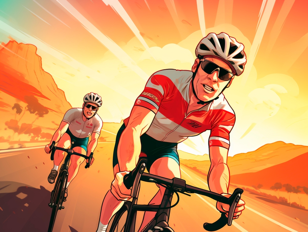 Illustration im Comic-Stil, Frontansicht auf zwei Radrennfahrer in Trikot, mit Fahrradhelm.