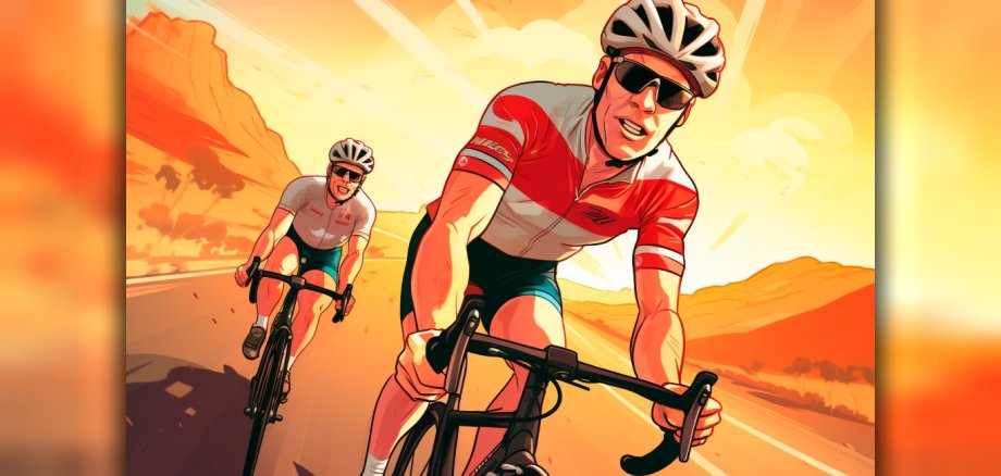 Illustration im Comic-Stil, Frontansicht auf zwei Radrennfahrer in Trikot, mit Fahrradhelm.