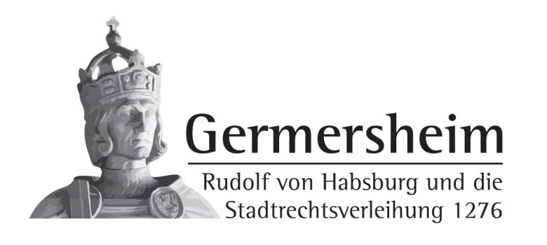 Jubiläumslogo - Bild von Rudolf von Habsburg mit dem Text "Germersheim - Rudolf von habsburg und die Stadtrechtsverleihung 1276"