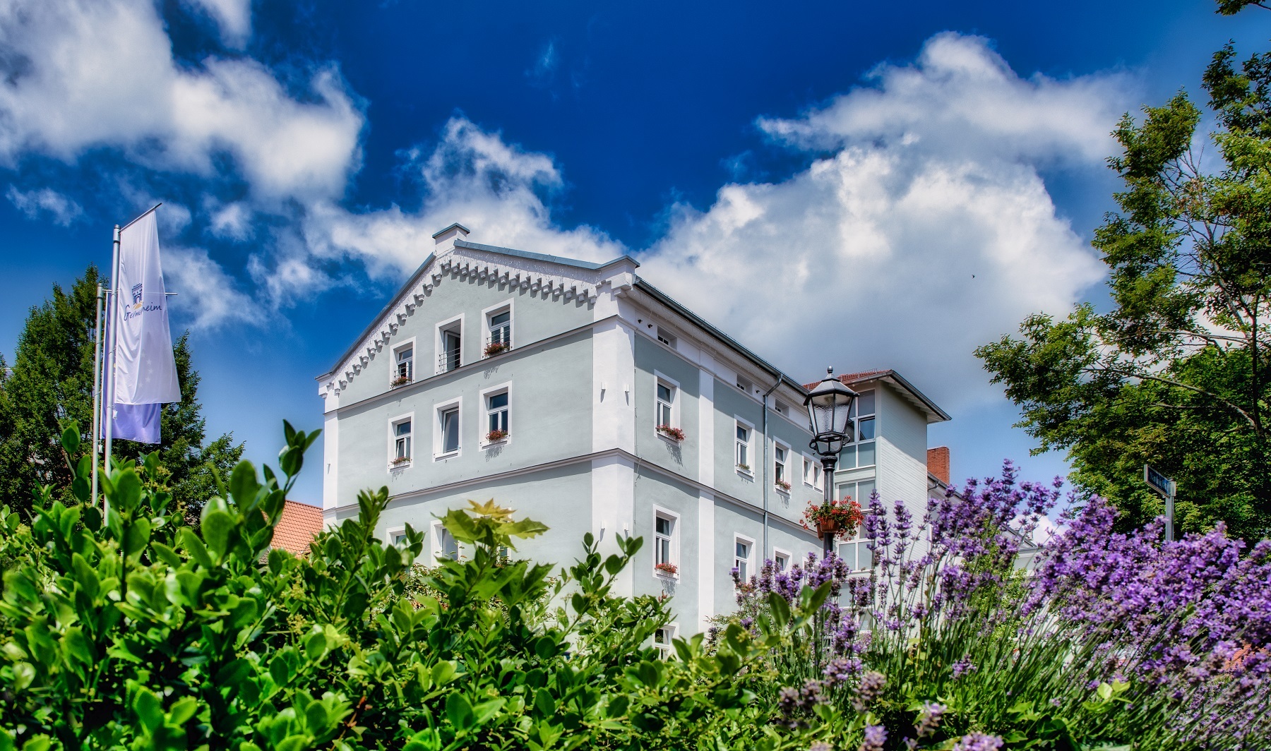 Seitenansicht des Stadthauses vom Nardiniplatz aus über einen Lavendelstrauch