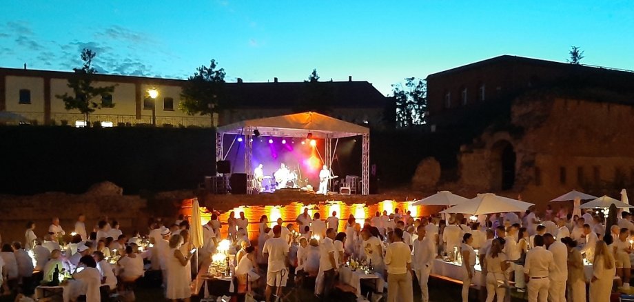 Blick auf die Naturbühne im Stadtpark Fronte Lamotte mit den Besuchern des Dinner in white 2023 im Vordergrund.