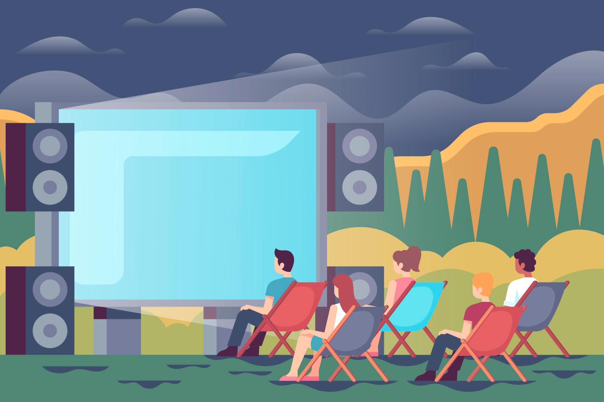 Kino Open Air im Park; Zeichnung; es sitzen mehrere Personen auf Strandstühlen vor einer großen Leinwand im Park auf einer Wiese