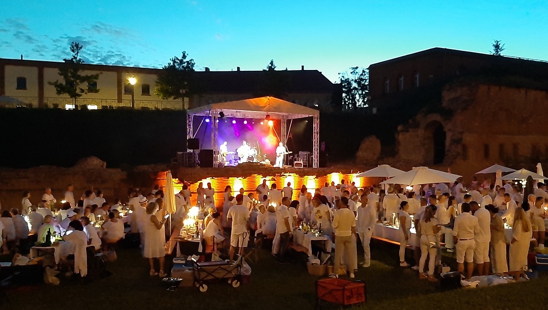 Blick auf die Naturbühne im Stadtpark Fronte Lamotte mit den Besuchern des Dinner in white 2023 im Vordergrund.