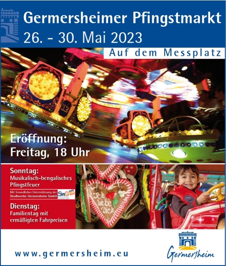 Flyer zur Germersheimer Pfingstmarkt - 26. - 30. Mai 2023 - auf dem Meßplatz hinter dem Wrede-Stadion