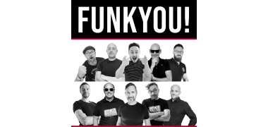 Plakat der Band "Funk You!"; am oberen Bild sthet der Bandname Funk You! danach sind alle Bandmitglieder auf einzelnen Schwarz-Weiß-Fotos abgebildet in zwei Reihen à 5 Musikern