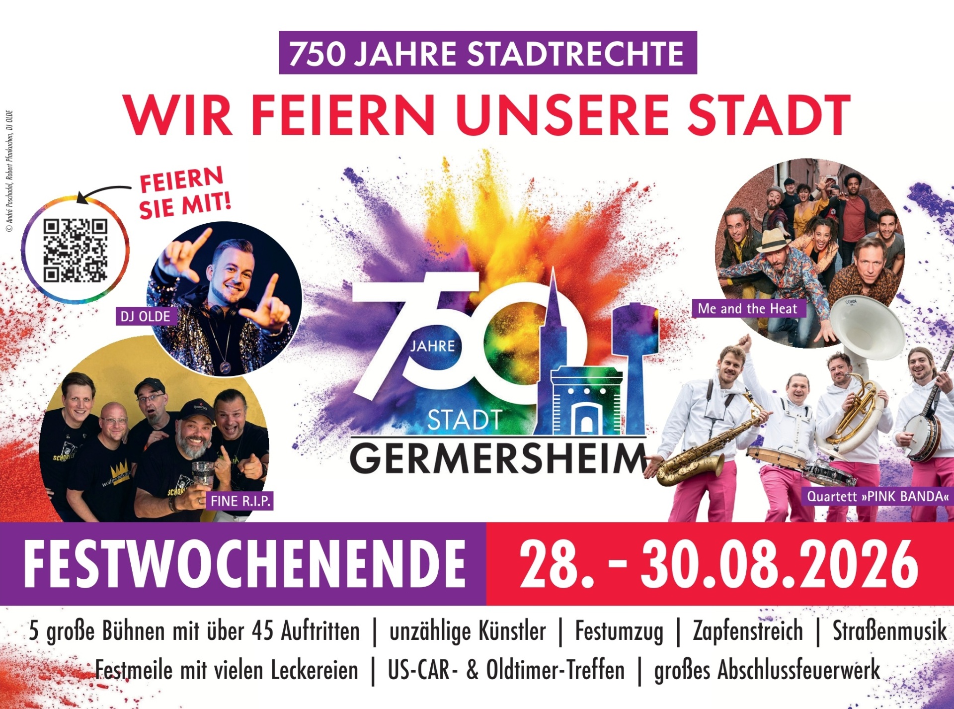 Plakat zum Stadtjubiläum 750 Jahre Germersheim, großes Festwochenende vom 28. bis 30. August 2026, 5 Bühnen in der Innenstadt, Festumzug, großes Abschlussfeuerwerk uvm.