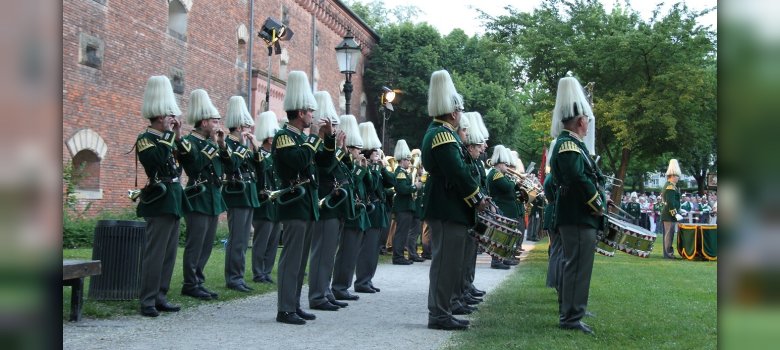Foto des Musikzuges der Bürgerwache Saulgau; es sind Flötisten und Trommler in der traditionellen, grünen Tracht mit Helm zu sehen