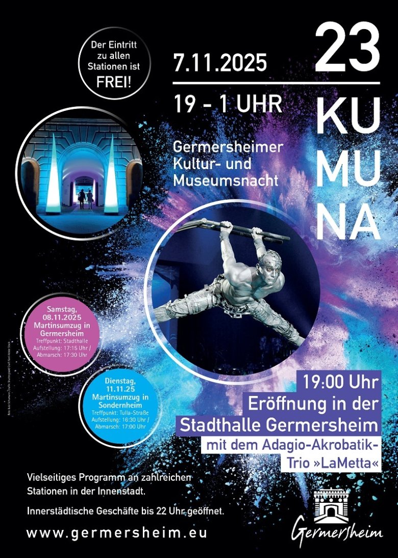 Plakat zur 23. KUMUNA und Mariniwochenende; KUMUNA am Freitag 07.11.2025 ab 19 Uhr; Martinsumzug in Germersheim am Samstag 08.11.2025 um 17:15 Uhr; Martinsumzug in Sondernheimt am Dienstag 11.11.2025 um 16:30 Uhr