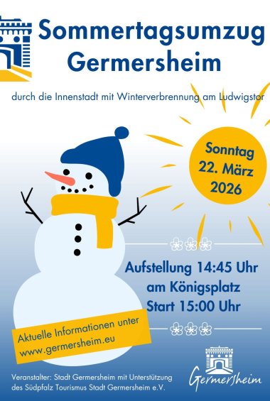 Sommertagsumzug in Germersheim am 22.03.2026; Aufstellung um 14:45 Uhr am Königsplatz; Abmarsch um 15 Uhr; Umzug zum Ludwigstor