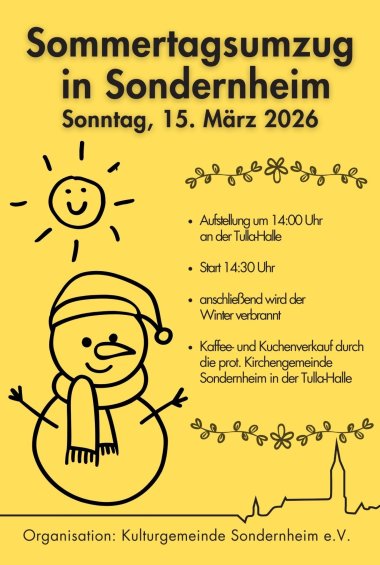 Sommertagsumzug am 15.03.2026 in Sondernheim; Aufstellung 14:00 Uhr, Abmarsch 14:30 Uhr (Tulla-Halle)