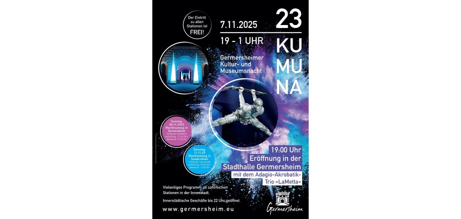 Plakat zur 23. KUMUNA und Mariniwochenende; KUMUNA am Freitag 07.11.2025 ab 19 Uhr; Martinsumzug in Germersheim am Samstag 08.11.2025 um 17:15 Uhr; Martinsumzug in Sondernheimt am Dienstag 11.11.2025 um 16:30 Uhr