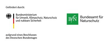 Text " gefördert duch: Bundesministerium für Umwelt, Klimaschutz, Naturschutz und nukleare Sicherheit" rarunter steht " aufgrund eines Beschlusses des Deutschen Bundestages" daneben noch das Logo des BfN. Grünes Quadrat mit weißen Buchstaben "BfN" darin. Daneben steht "Bundesamt für Naturschutz".