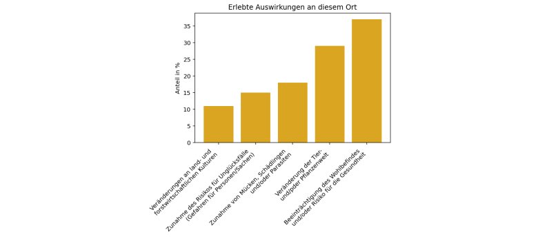 Erlebte Auswirkungen der Wetterveränderungen an unangenehmen Orten bei Extremwetter Die Grafik zeigt die von den Befragten erlebten Auswirkungen der Wetterveränderungen an unangenehmen Orten bei Extremwetter. Mehr Informationen im Fließtext.