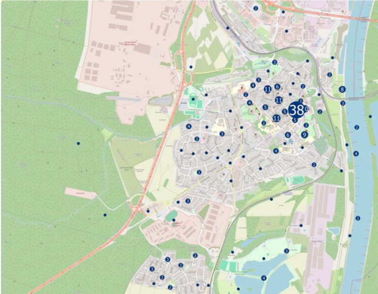 Die Karte zeigt die von den Befragten markierten unangenehmen Orte bei Extremwetter in Germersheim und Sondernheim. Mehr Informationen im Fließtext.