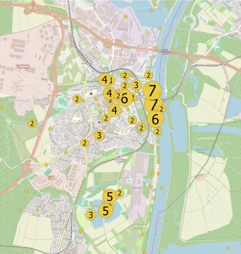 Die Karte zeigt die von den Befragten markierten Wohlfühlorte bei Extremwetter. Mehr Informationen im Fließtext.