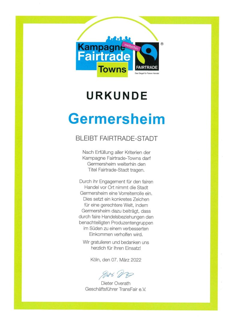 Urkunde Fairtradetown Germersheim