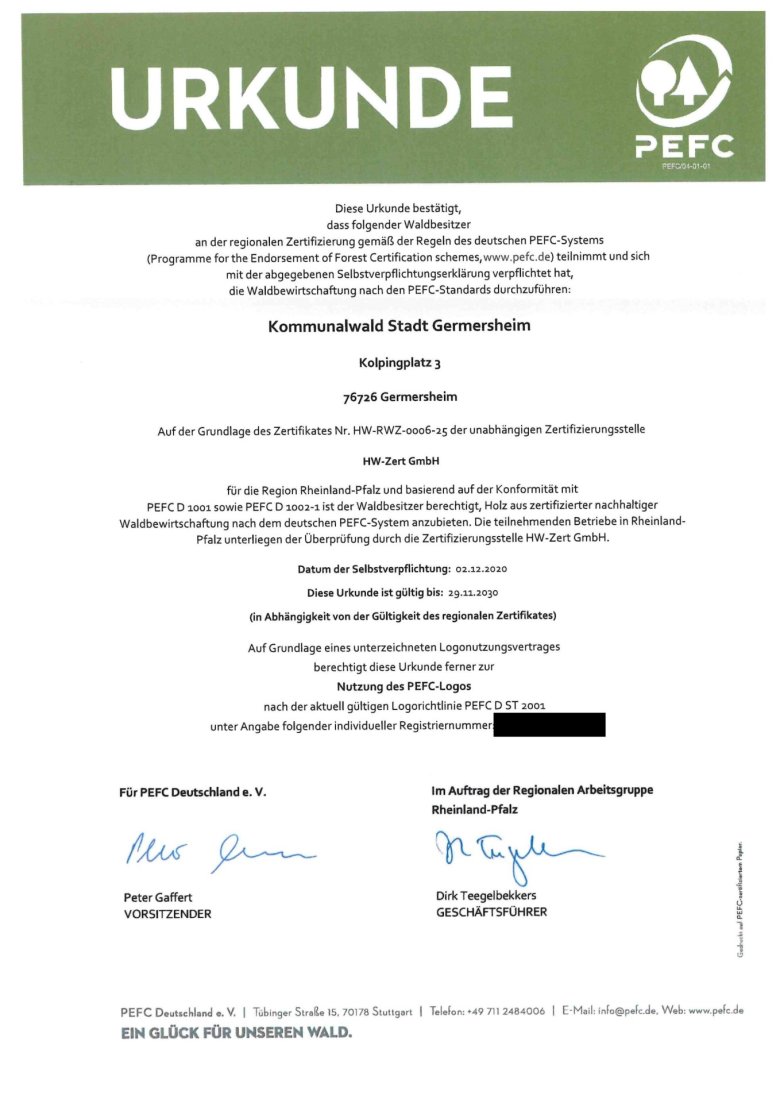 Urkunde PEFC- Zertifizierung Kommunalwald Germersheim