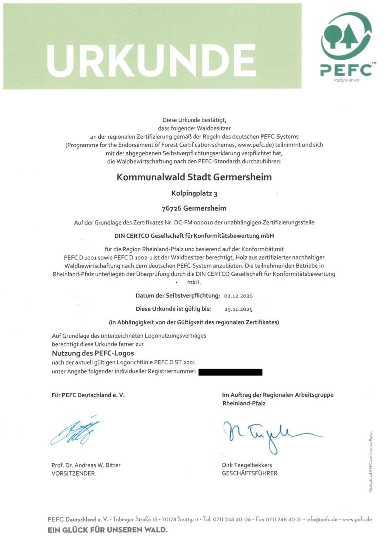 Urkunde PEFC- Zertifizierung Kommunalwald Germersheim