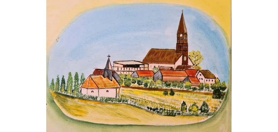 Farbstifte-Zeichnung des Malers Dieter Marz; ein Dorf mit Kirche im Mittelpunkt inmitten von Wiesen und Reben