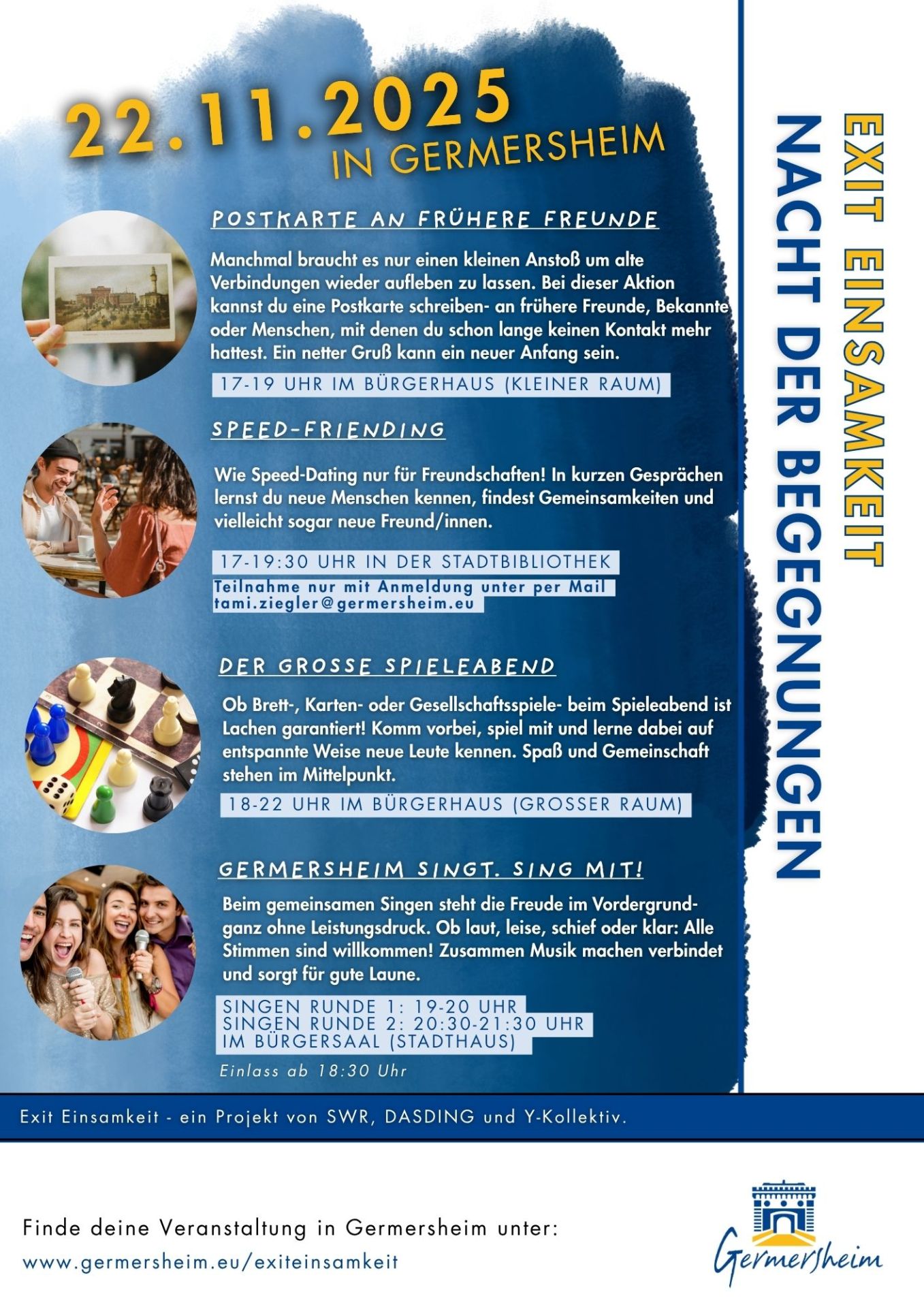 Es ist ein Flyer zur Nacht der Begegnungen. Blauer Hintergrund mit jeweils einem passenden Bild zu den vier Angebotenen Veranstaltungen. Der Text ist gleich zu dem auf der Website