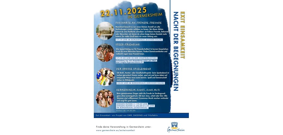 Es ist ein Flyer zur Nacht der Begegnungen. Blauer Hintergrund mit jeweils einem passenden Bild zu den vier Angebotenen Veranstaltungen. Der Text ist gleich zu dem auf der Website