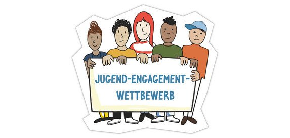 Logo zum Jugend-Engagement-Wettbewerb (Es sind fünf Jugendliche / junge Erwachsene (verschiedene Geschlecher, Haut- und Haarfabe) als Comic-Figuren hinter einem Bann mit dem Titel zum Wettbewerb.