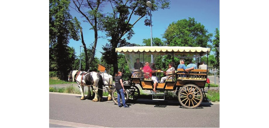 Seitenansicht auf die Kutsche mit Passagieren und dem Pferdegespann davor