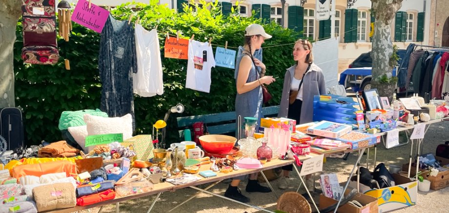 zwei Frauen hinter einem Flohmarkttisch mit ganz verschiedenen Angeboten. Im Hintergrund sind Hecken und Bäume zu sehen.