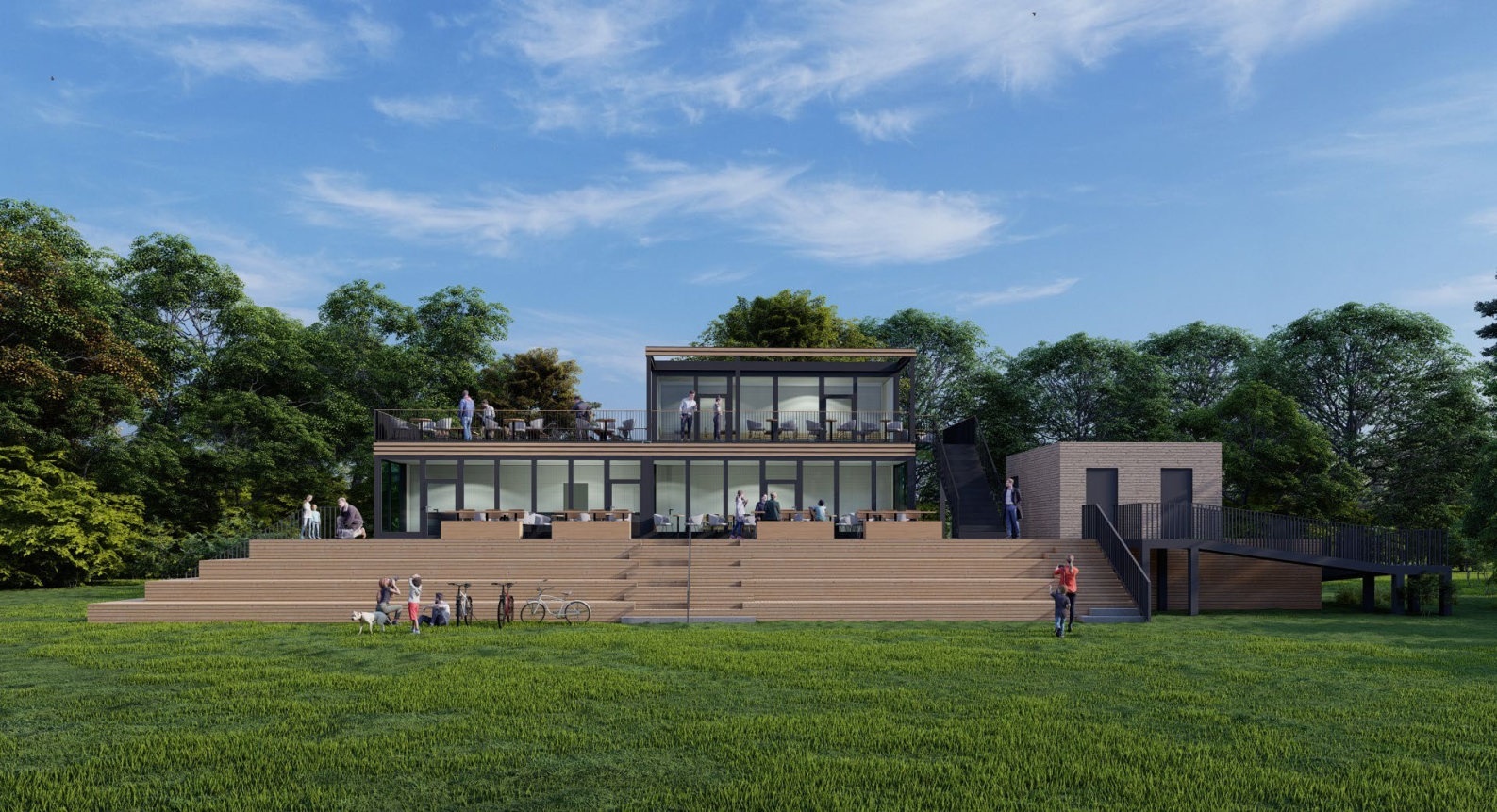 Planungszeichnung der Frontansicht des neuen Pavillons am Rhein