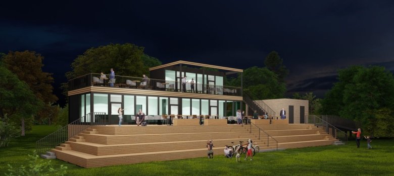 Planungsskizze des neuen Pavillons am Rhein -Seitenansicht bei Nacht