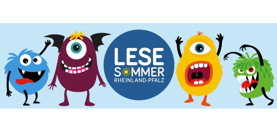 Offizielles Logo des Lesesommer Rheinlandpfalz, vier verschiedene, farbige (Lese-)Monster mit dem Lesesommer Button in der Mitte