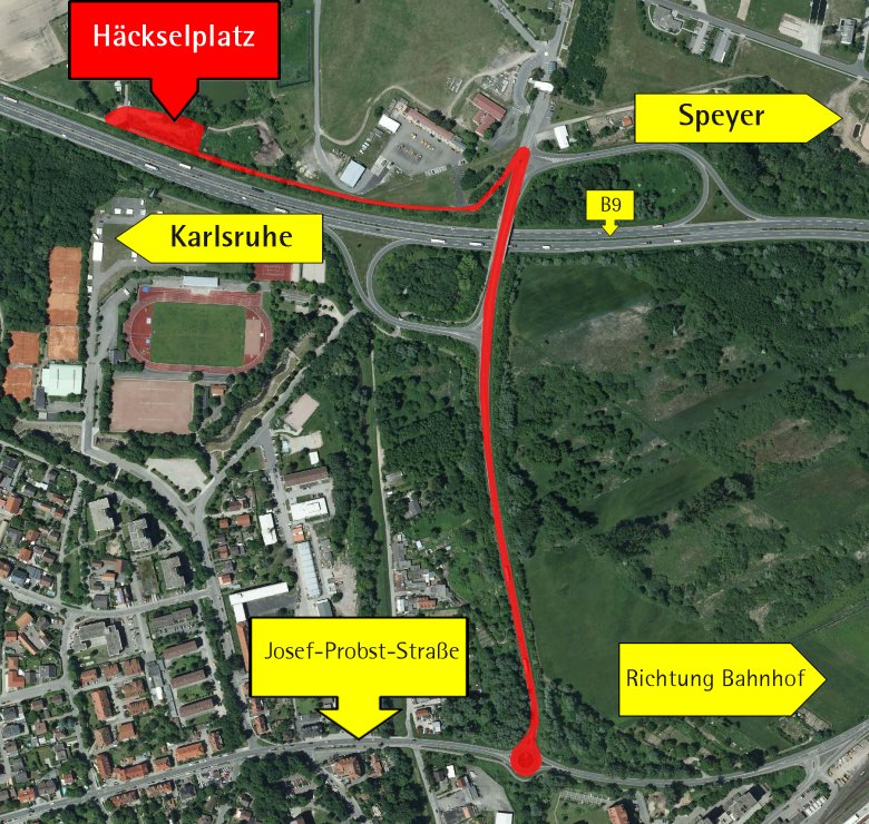 Luftaufnahme mit Wegzeichnung für die Anfahrt zum Häckselplatz in Germersheim