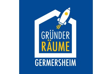 Blauer Hintergrund davor ist in weiß angedeutet der Umriss eines Hauses. Im Haus stehen die Worte "Gründer Räume". Oben rechts fliegt eine Rakete aus dem Hausdach.