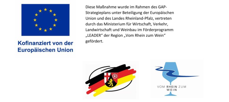 Logo der Europäischen Union, Logo des Landes Rheinland-Pfalz und Logo LEADER Vom Rheim zum Wein Logo der Europäischen Union, Logo des Landes Rheinland-Pfalz und Logo LEADER Vom Rheim zum Wein